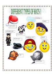 English Worksheet: PICTIONARY ON DIFFERENT TYPES OF HATS 1
