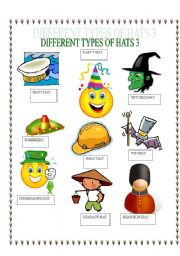English Worksheet: DIFFERENT WORDS ON HATS 3