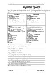 English Worksheet: reported speech