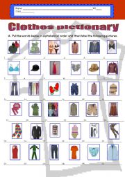 Clothes pictionary - (36 words) in alphabetical order. 