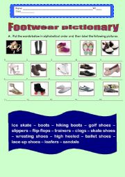 English Worksheet: Footwear pictionary (15 words) in alphabetical order.
