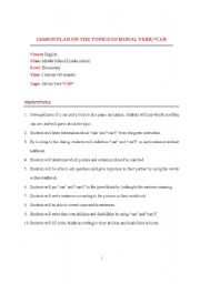 English worksheet: Modal verbs can cant lesson plan