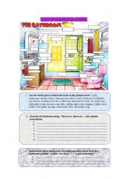 Bathroom vocabulary and activities with There is/are + prepositions