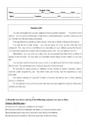 English Worksheet: TEST 9th grade -SUMMER JOBS