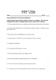 English Worksheet: Similes, Metaphors, Extended Metaphors