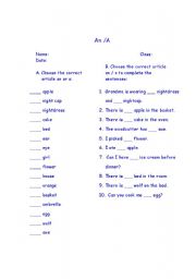 English Worksheet: An / A