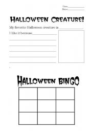 English Worksheet: Halloween Fun Writing, Drawing and Bingo