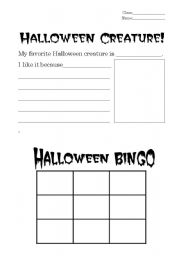 English worksheet: Halloween Fun Writing, Drawing and Bingo