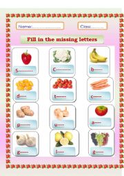 English Worksheet: Complete the missing letters of vegetables and fruit names.