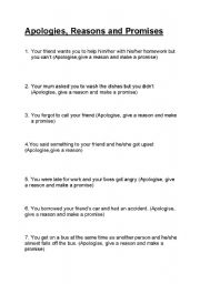 English Worksheet: Apologies, Reasons and Promises