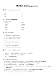 English worksheet: Mothly Exam -adjectives, pronouns, simple prepositions