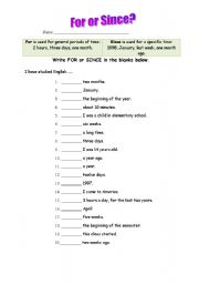 English Worksheet: for or since