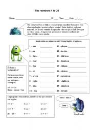 English Worksheet: Numbers 1 to 20