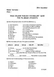 English worksheet: Vocabulary Quiz for 7th grade students