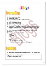 English Worksheet: Blogs Project  (reading & pre reading tasks) (plainer version / less colour)