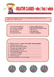 English Worksheet: RELATIVE CLAUSES- who / that / which