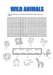 English worksheet: Wild animals word search