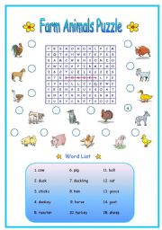 English Worksheet: Farm animals puzzle
