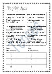 Test (prepositions / present) (+ key for OHP)