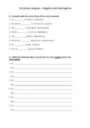 English worksheet: 3rd prson - negative and interrogative