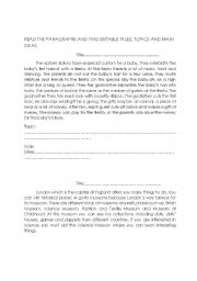 English worksheet: Finding the topic, title and main idea