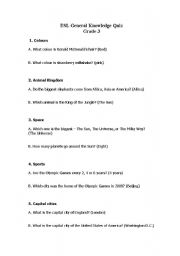 English worksheet: General Knowledge quiz for ESL grade 3