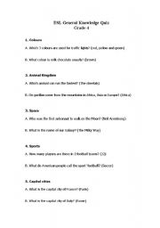 English worksheet: General Knowledge quiz for ESL grade 4