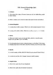 English worksheet: General Knowledge quiz for ESL grade 6