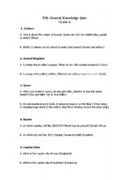 English Worksheet: General Knowledge quiz for ESL grade 6