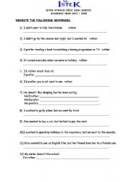 English Worksheet: prefer,would rather,would prefer ,rather+gerung and infinitives