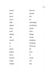 English Worksheet: Preposition List