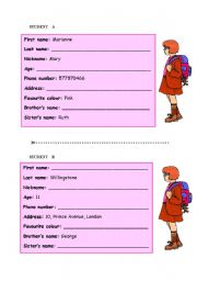 English Worksheet: Pair work - personal information (girls)