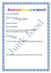 English Worksheet: Should junk food ads be banned? (multi-task project) (6 pages)
