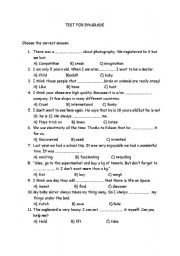 English Worksheet: multiple choice with vocabulary, verb tenses and reading text