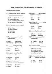 English worksheet: Verb Tenses Test for 8th Grade Students