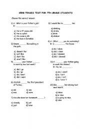 English Worksheet: Verb Tenses Test for 7th grade students