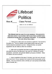 English worksheet: Lifeboat Politics Ethics Activity