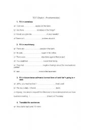 English worksheet: TEST focused on much/many, some/any, future tense, modals