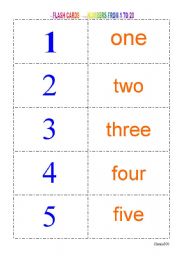 English worksheet: Cardinal numbers from 1 to 20 Flash Cards
