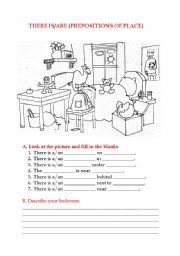 English Worksheet: there is /are (prepositions of place) bedroom furntures