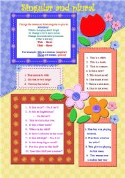 English Worksheet: Singular and plural. Demonstrative pronouns, nouns, verbs.