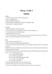 English Worksheet: Sorry, I Can´t: Game