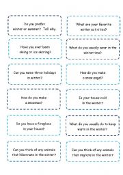English Worksheet: Winter Mingle:  Conversation Cards    2 pages of questions + instructions