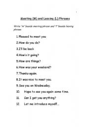 English worksheet: Meeting and leaving phrases