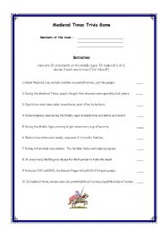 English Worksheet: Medieval Times Trivia Game