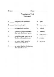 English Worksheet: Mammals Vocabulary
