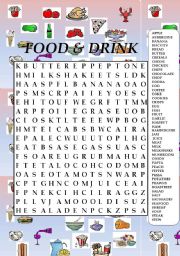 English Worksheet: FOOR & DRINK WORDSEARCH
