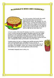 English Worksheet: FAST FOOD, McDonalds boss dies suddenly