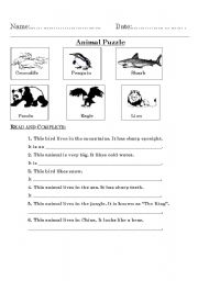 English worksheet: Animal Puzzle