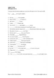 English worksheet: Verb to Be. Affirmative form